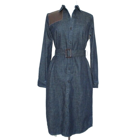 Ralph Lauren Jeans Denim Shirt Dress Leather Trim Equestrian Western S Women NWT - Picture 1 of 5
